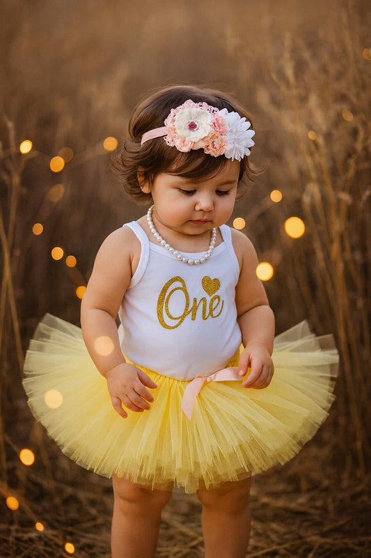 Yellow 1st Birthday Tutu Skirt and Bodysuit Set