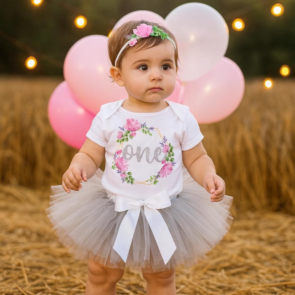 Floral ONE Bodysuit & Grey Tutu