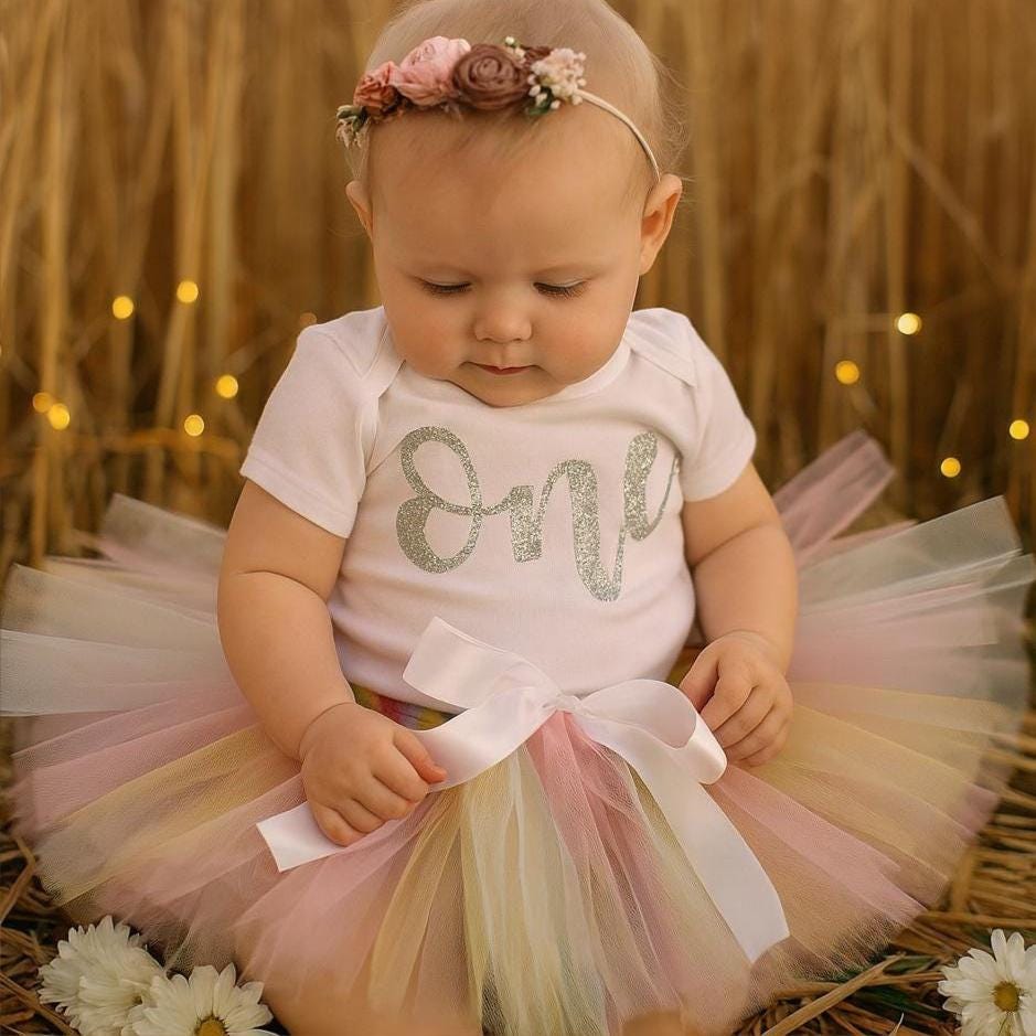 Silver Glitter 'One' Bodysuit & Pastel Rainbow Tutu