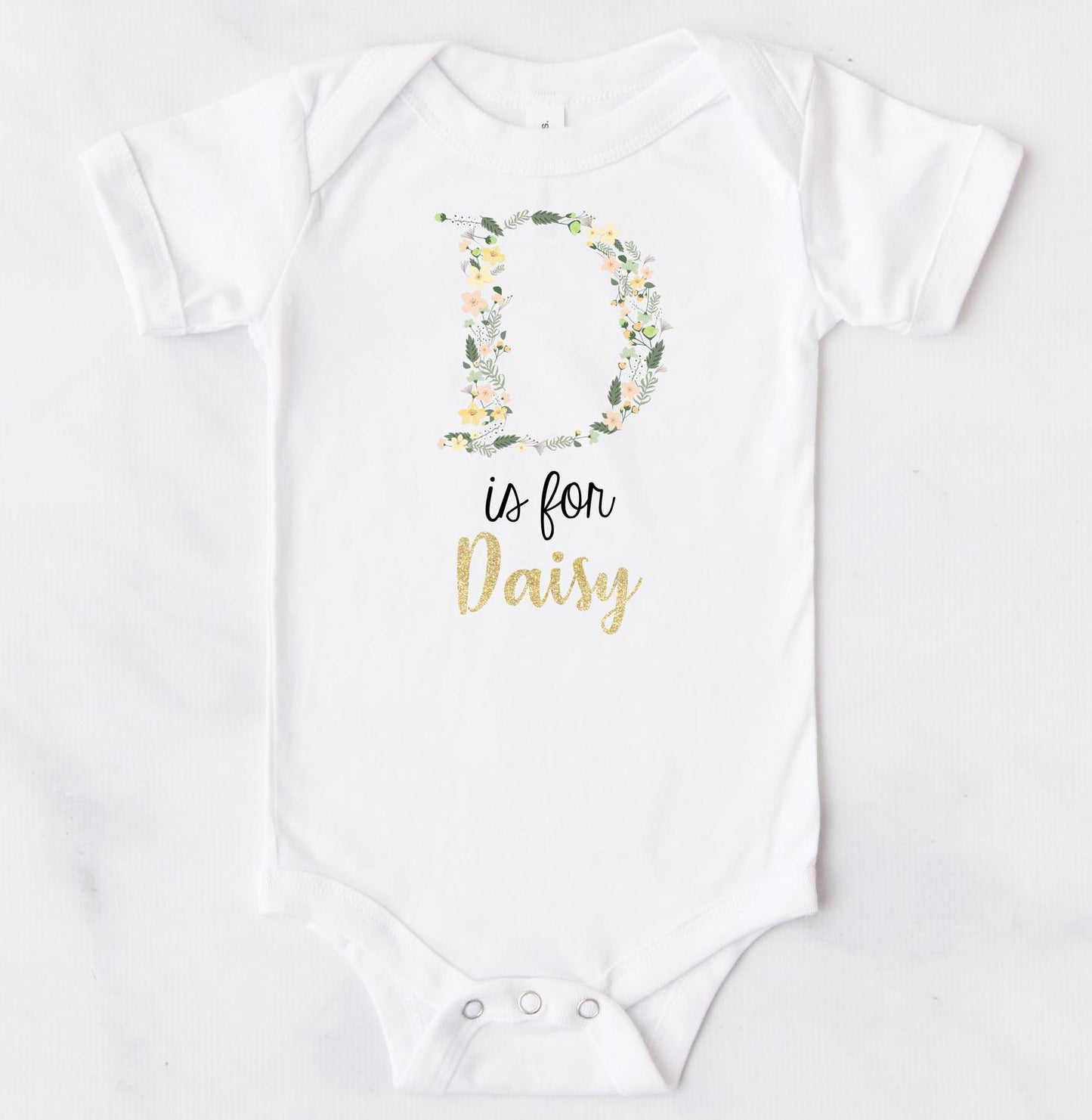 Personalised Floral Initial & Gold Name Print Bodysuit