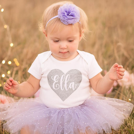 Personalised Silver Heart Lilac Tutu Outfit