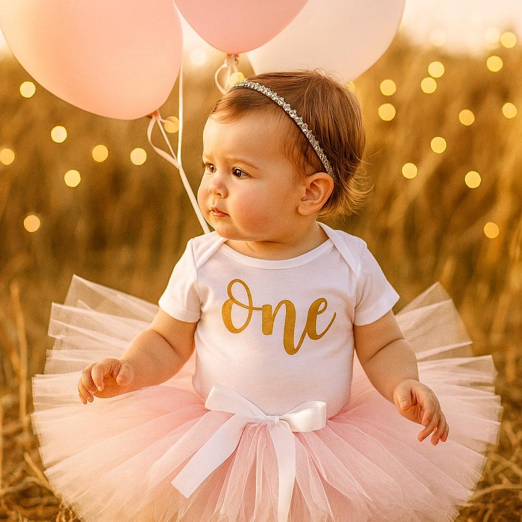 Girls First Birthday Outfit, Gold Glitter 'ONE' Bodysuit, Pink Tutu