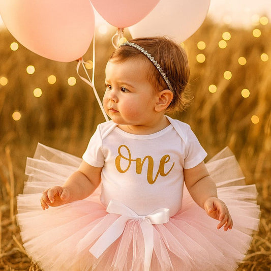 Girls First Birthday Outfit, Gold Glitter 'ONE' Bodysuit, Pink Tutu