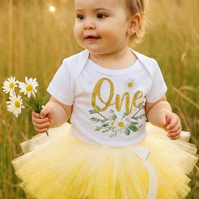 Daisy 1st Birthday Outfit in Yellow & White