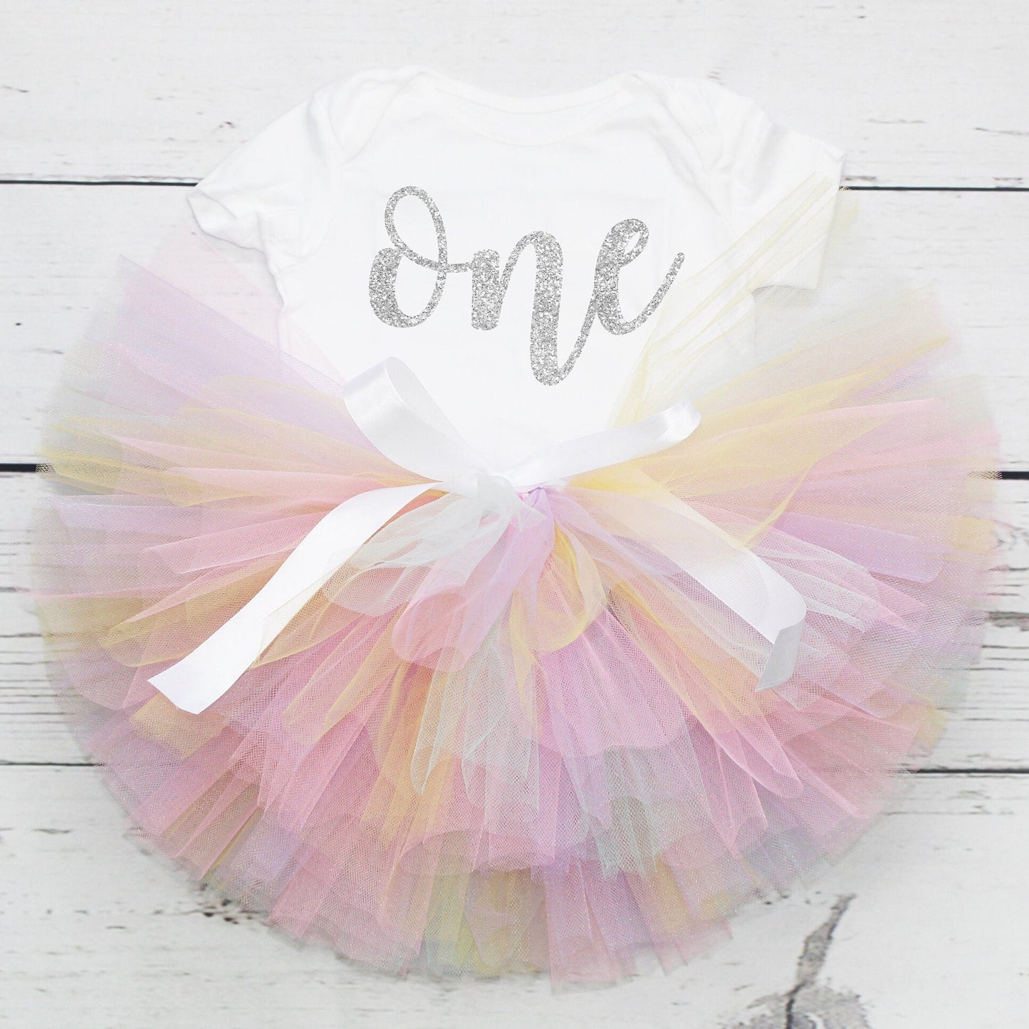 Silver Glitter 'One' Bodysuit & Pastel Rainbow Tutu