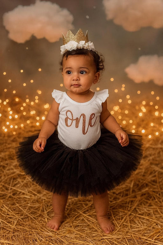 Baby Girls First Birthday Outfit - Rose Gold Glitter Leotard & Black Tutu