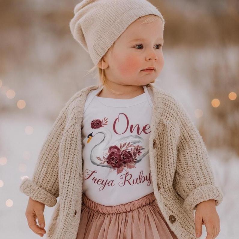 Swan 1st Birthday Bodysuit in Burgundy