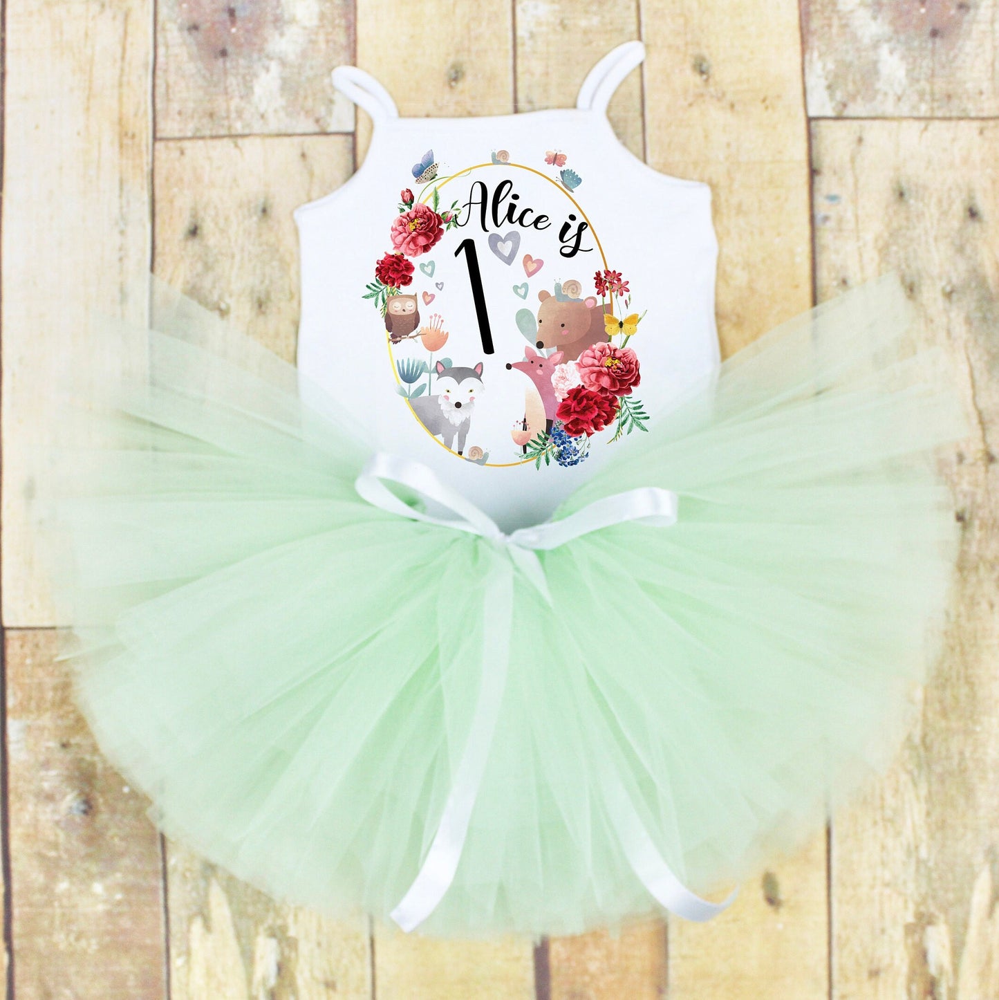 Woodland 1st Birthday Tutu Outfit in Mint Green