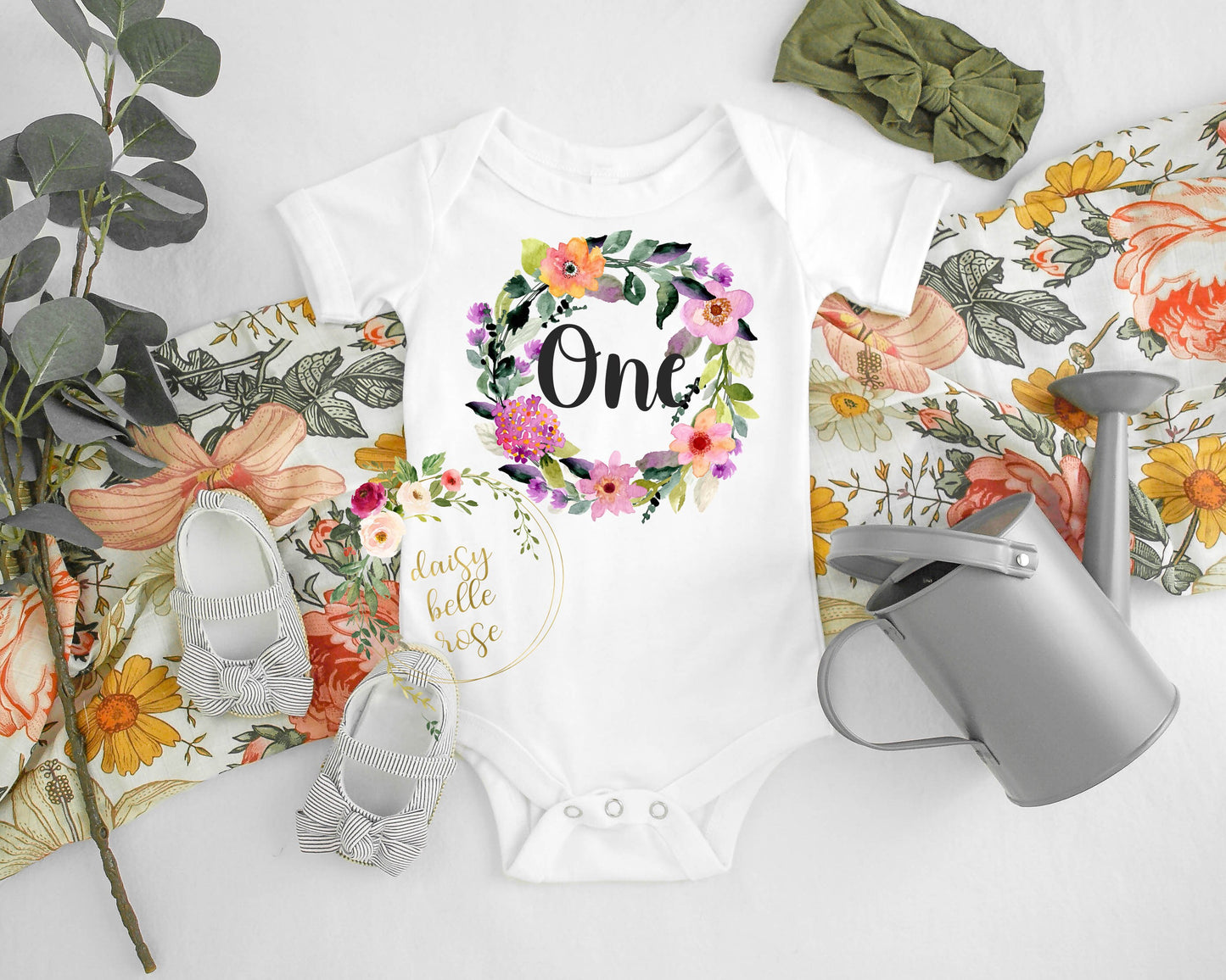 Floral First Birthday Bodysuit - Watercolor Wreath