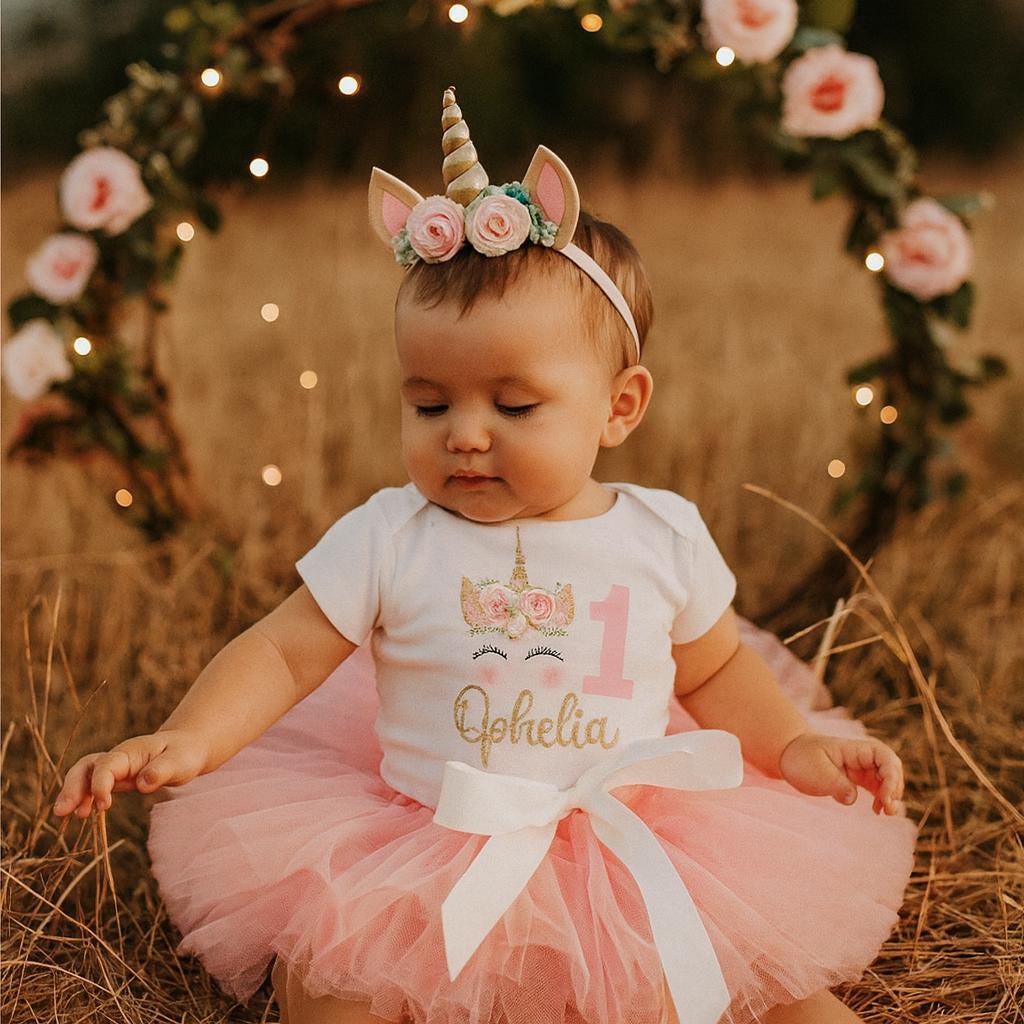 Personalised Unicorn Pink Girls First Birthday Outfit