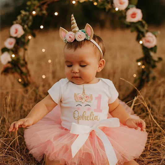 Personalised Unicorn Pink Girls First Birthday Outfit
