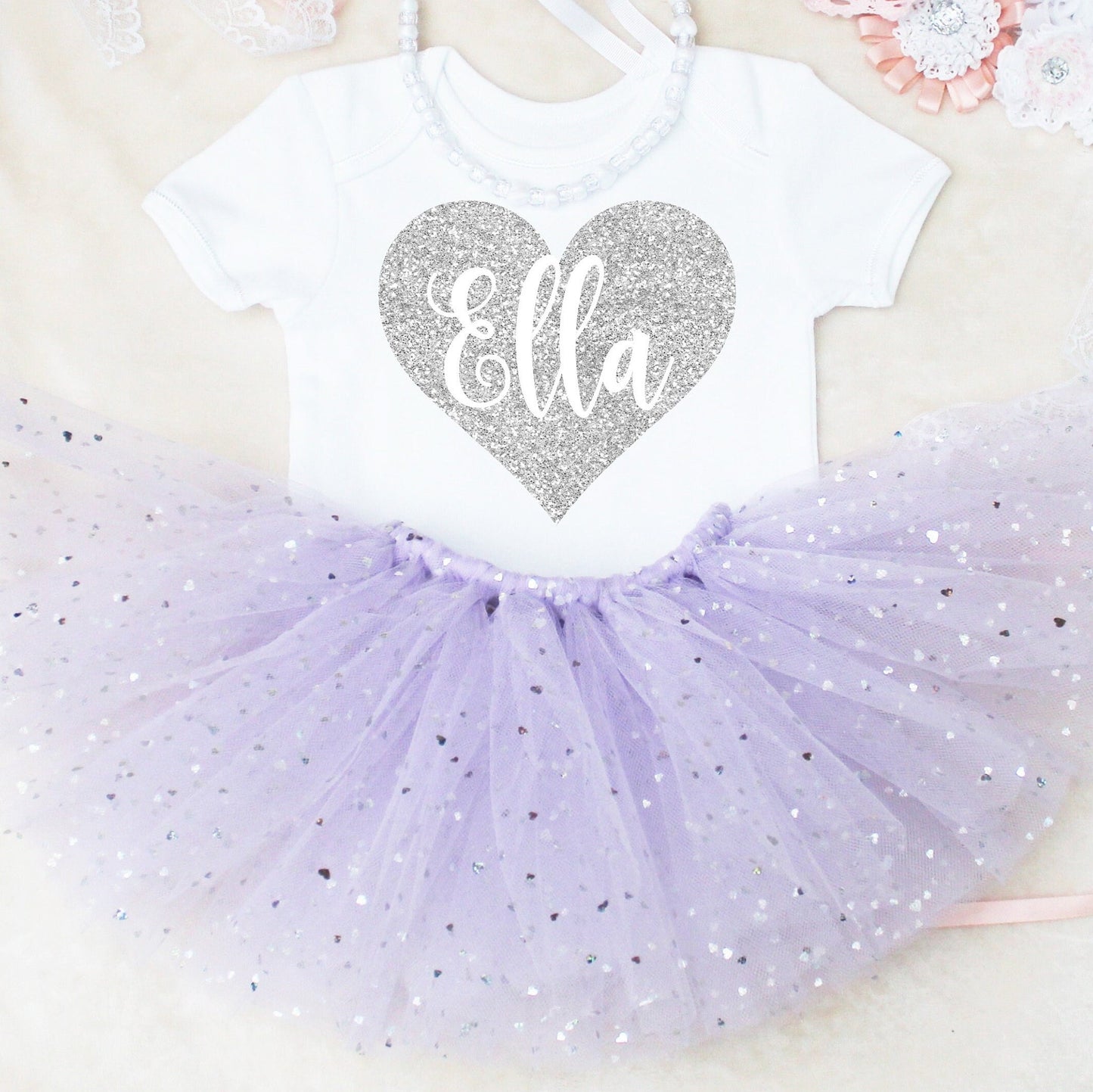 Personalised Silver Heart Lilac Tutu Outfit