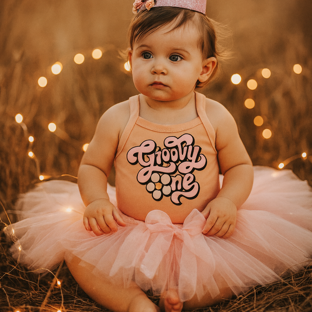 Baby in a pink tutu and crown sitting in a field with lights