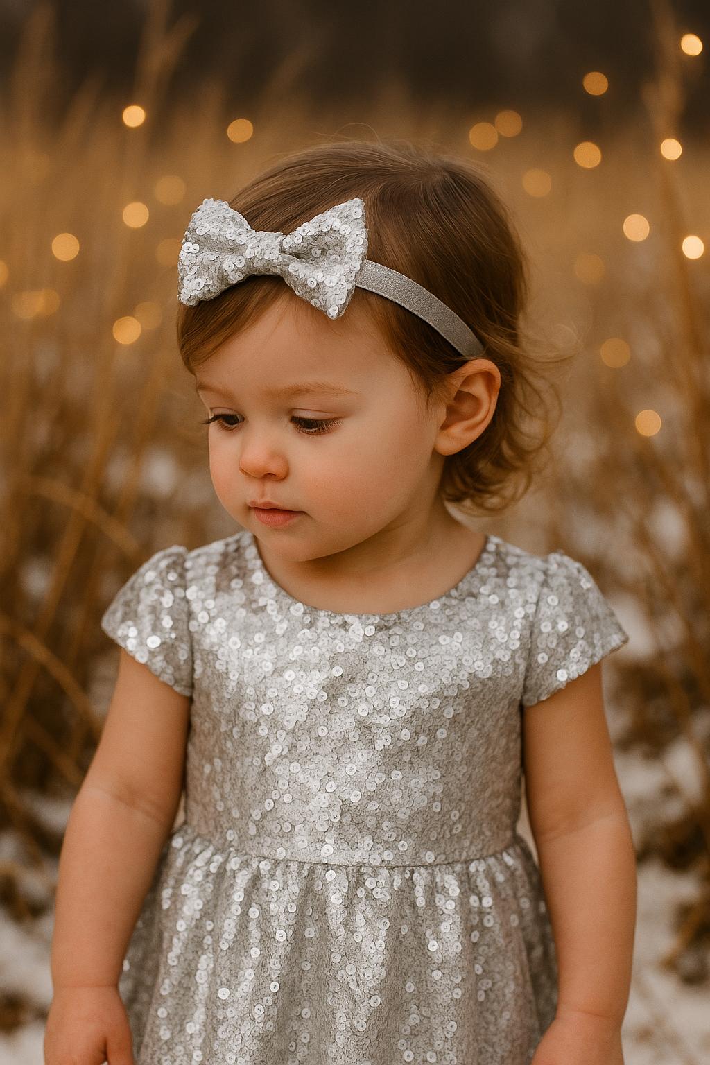 Girls Silver Sequin Bow Headband