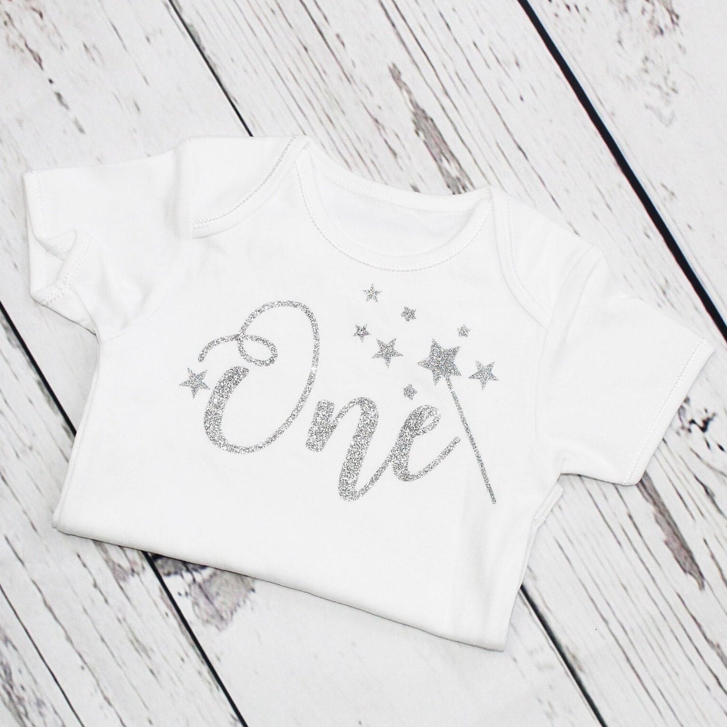 Girls 1st Birthday Fairy-Wand Bodysuit in Silver Sparkle