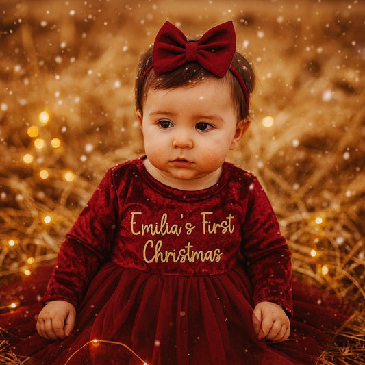 Personalised Girls Deep Red First Christmas Dress & Headband