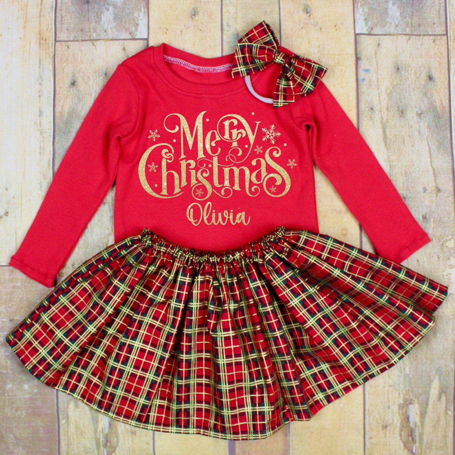 Personalised Girls Red Tartan Christmas Outfit