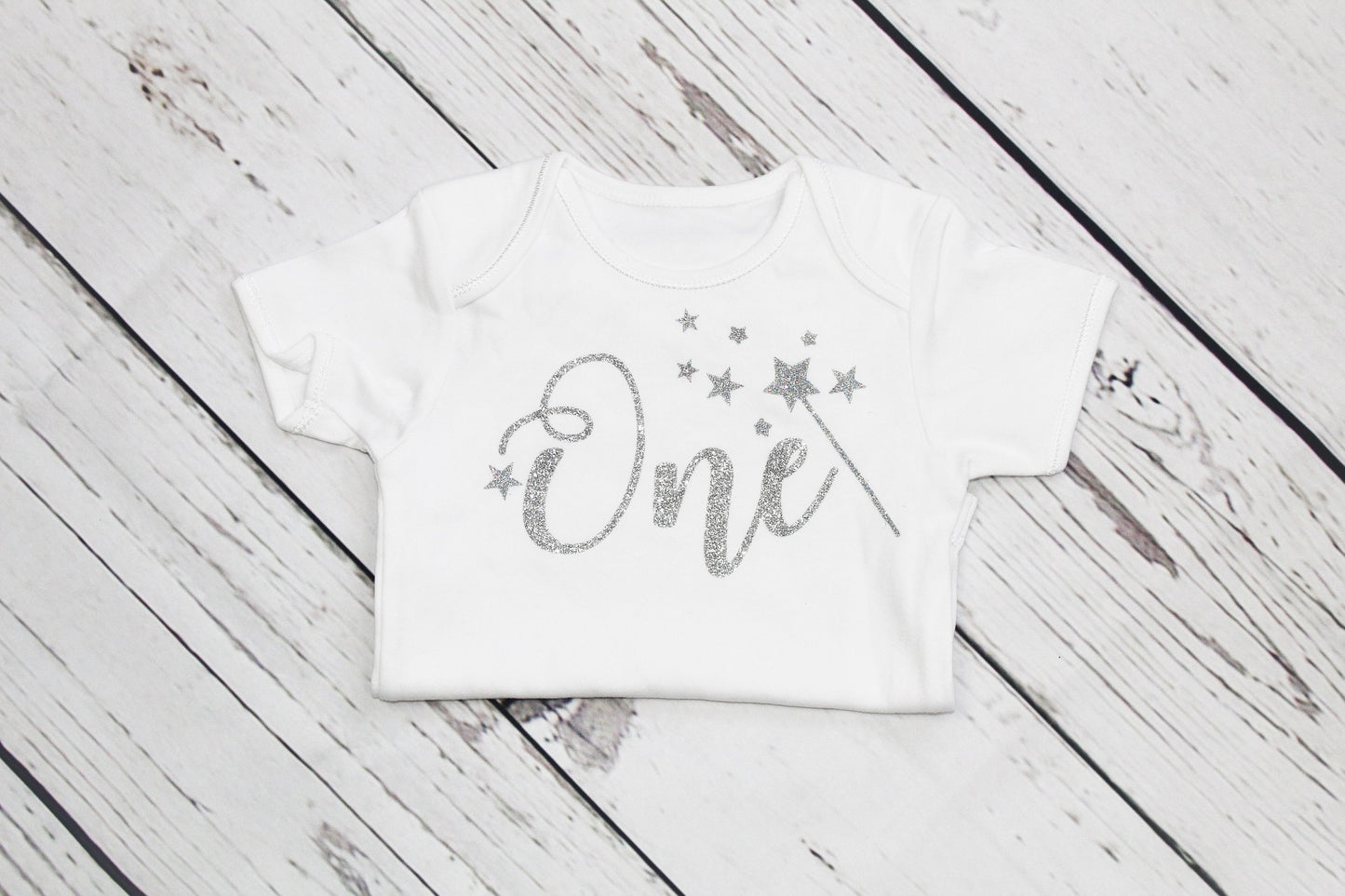 Girls 1st Birthday Fairy-Wand Bodysuit in Silver Sparkle