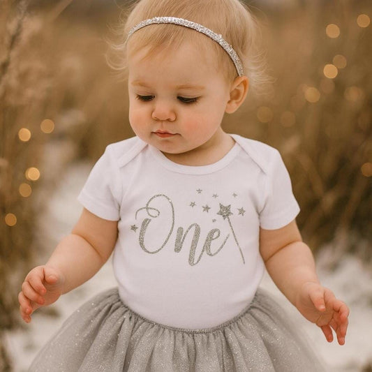 Girls 1st Birthday Fairy-Wand Bodysuit in Silver Sparkle