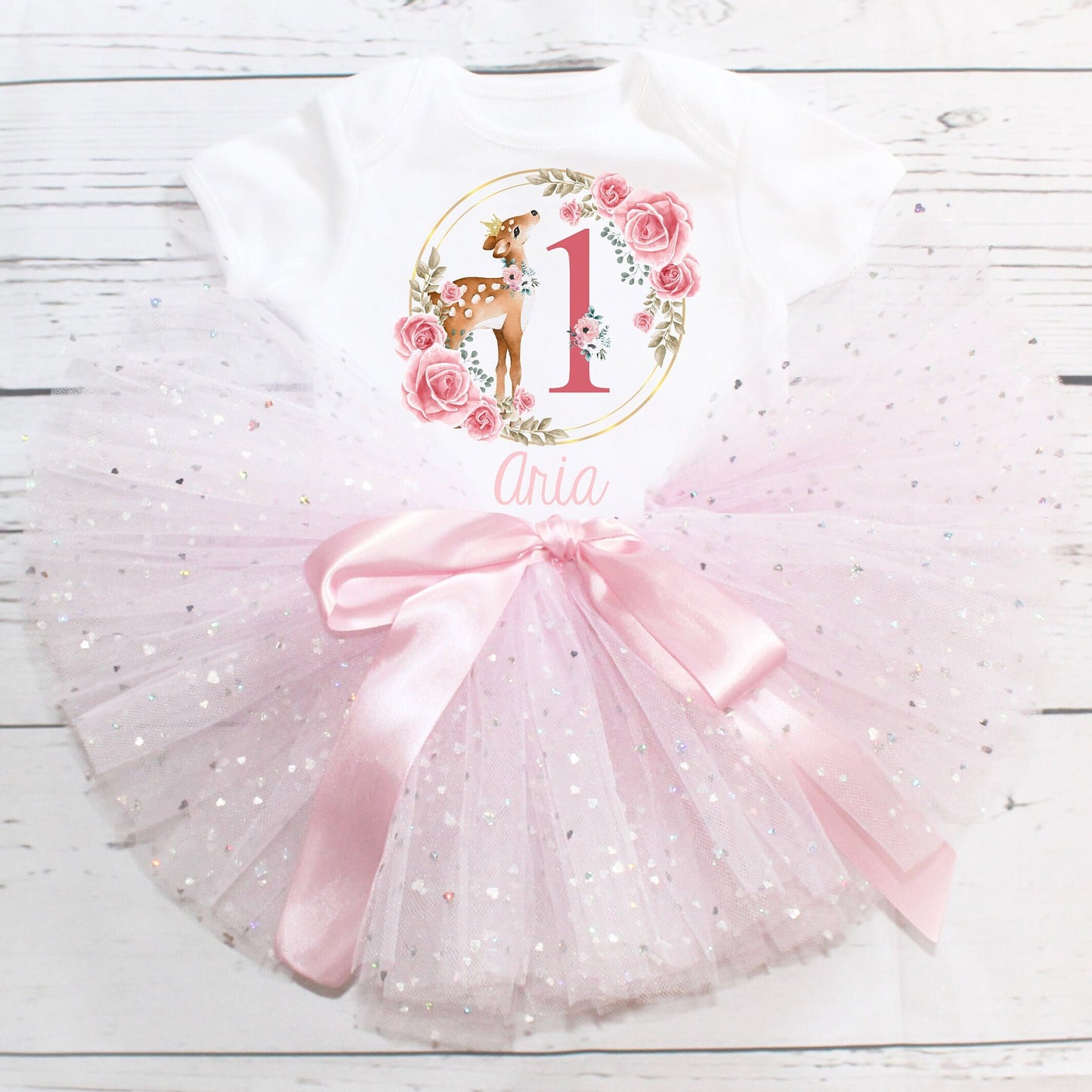 Personalised Baby Girls 1st Birthday Outfit - Sparkly Pale Pink Tutu