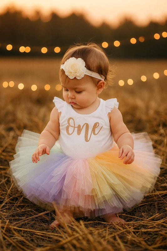 Rose Gold & Pastel Rainbow 1st Birthday Leotard and Tutu Bundle
