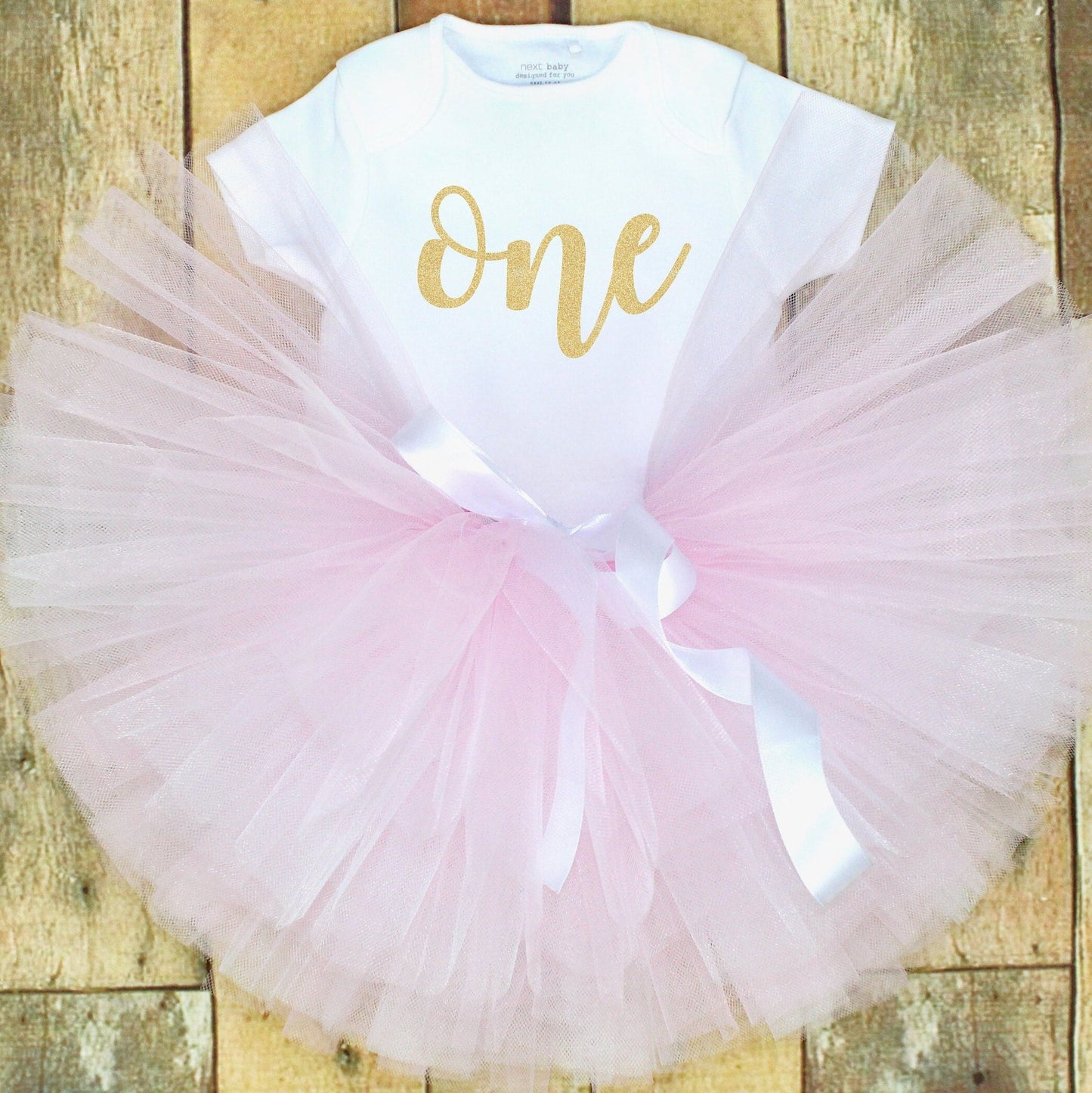 Girls First Birthday Outfit, Gold Glitter 'ONE' Bodysuit, Pink Tutu