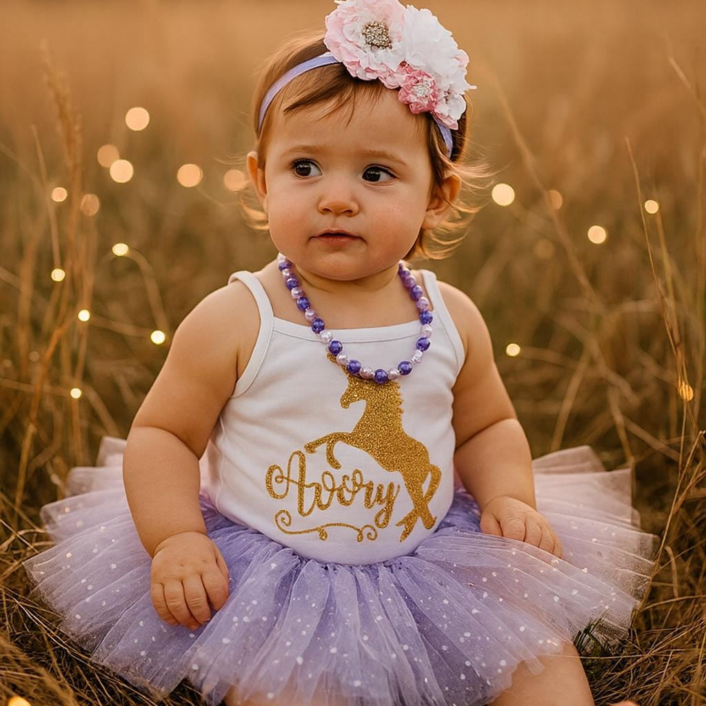 Baby in a tutu and headband sitting in a field with lights in the background