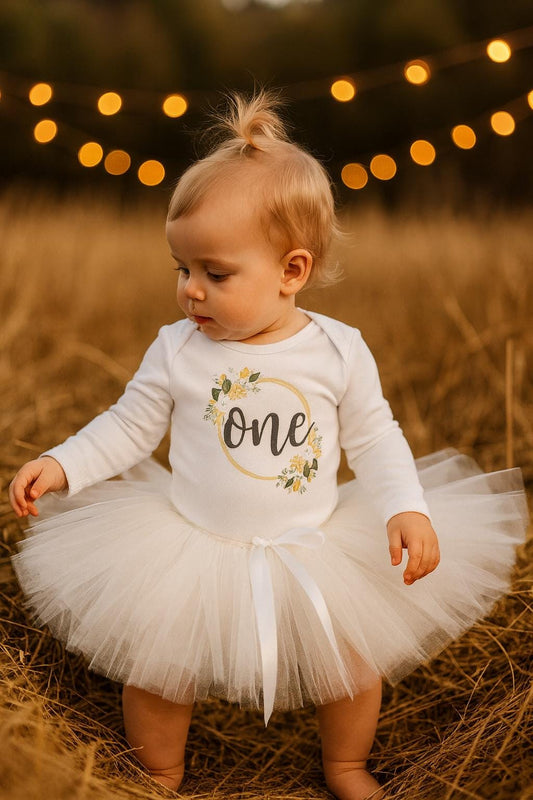 White Floral One Vest and Tutu Outfit for Girls