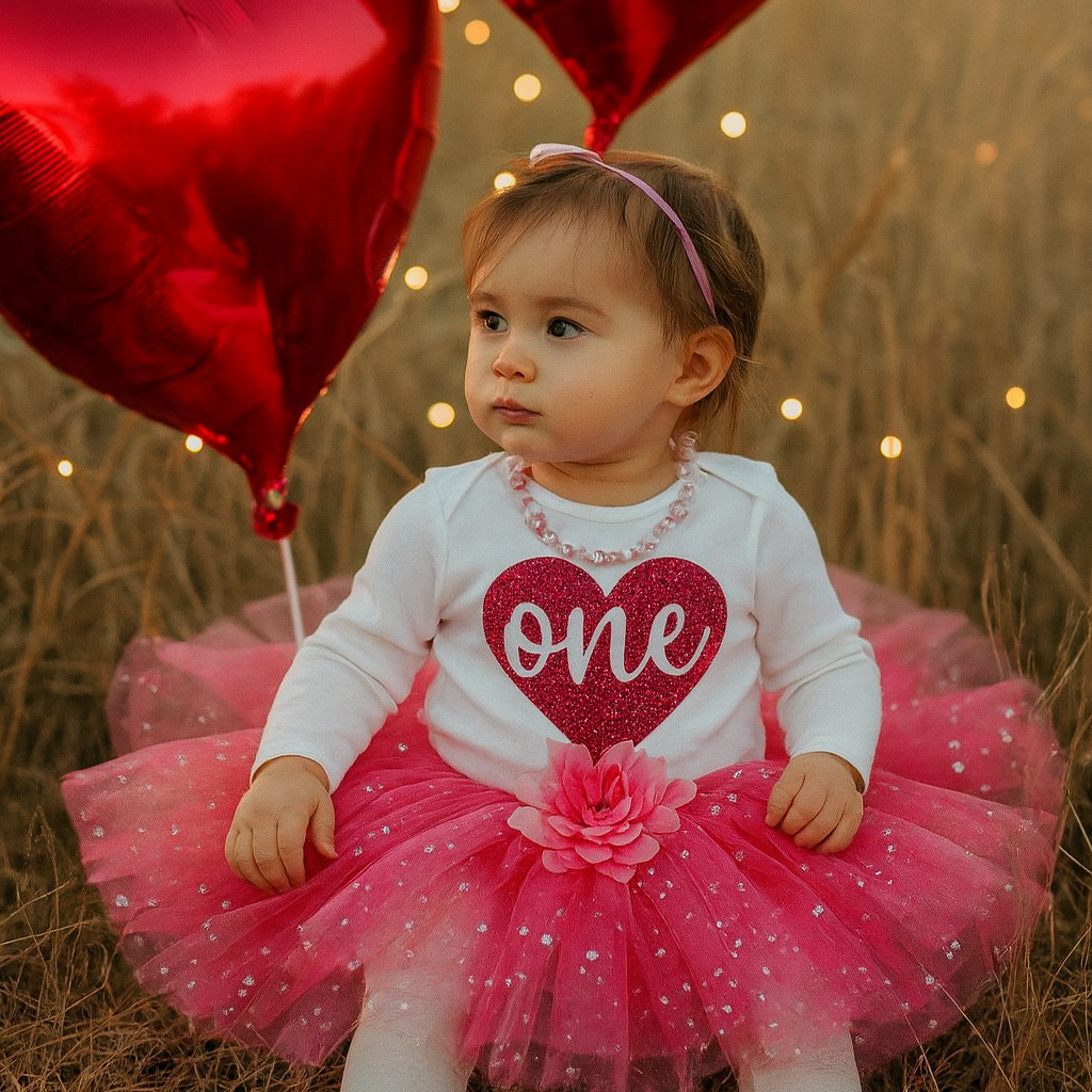 Child in a pink tutu and heart-themed outfit holding red heart balloons in a field with lights.