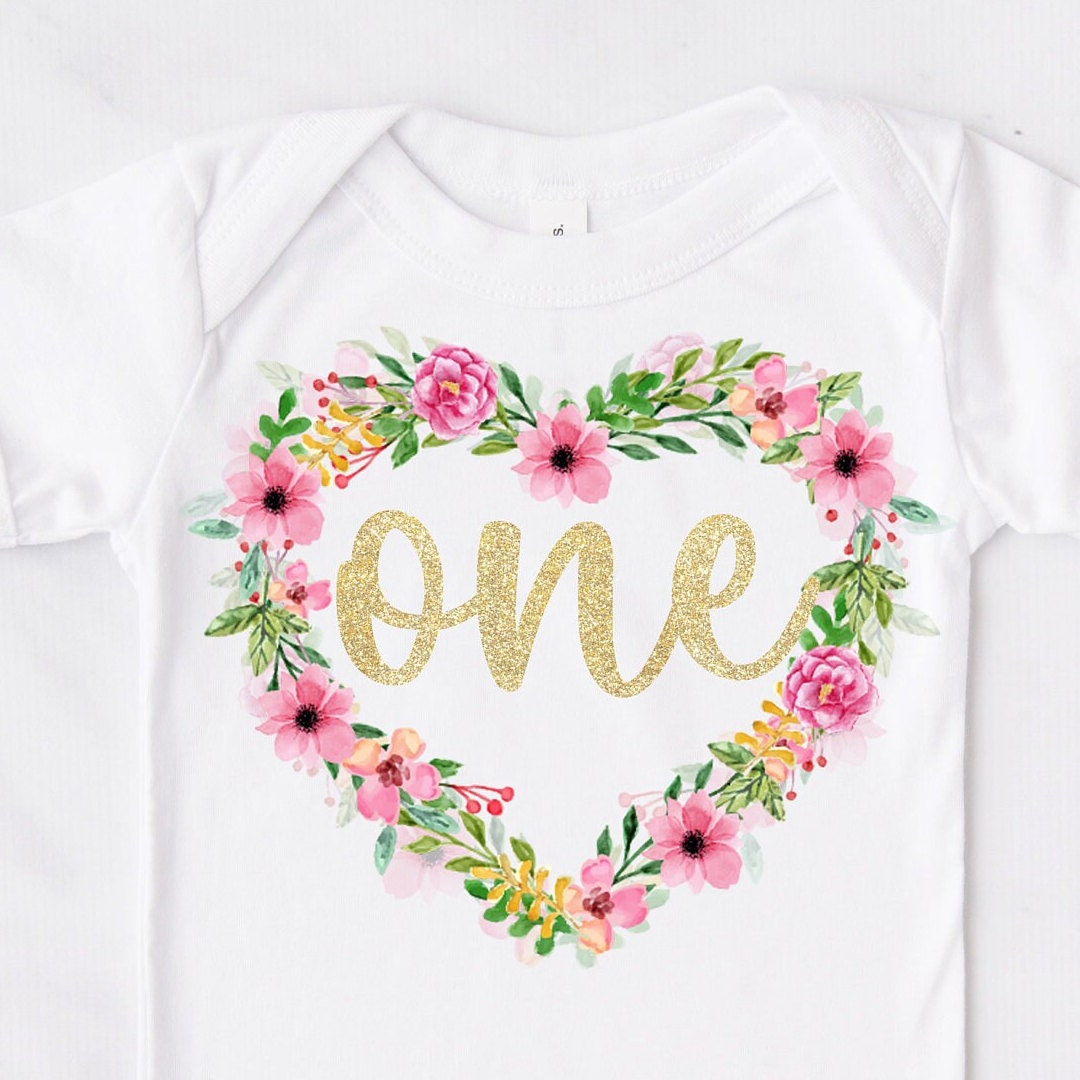 Floral Heart Girls 1st Birthday Bodysuit