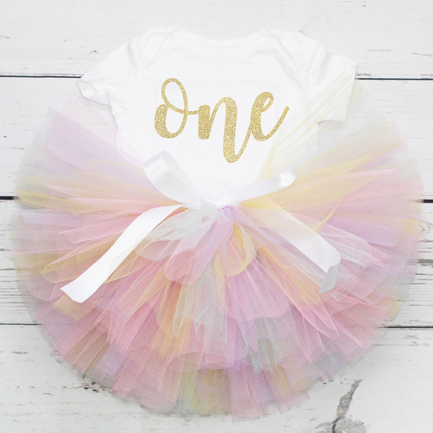 Girls First Birthday Outfit: Gold 'ONE' Bodysuit & Pastel Rainbow Tutu