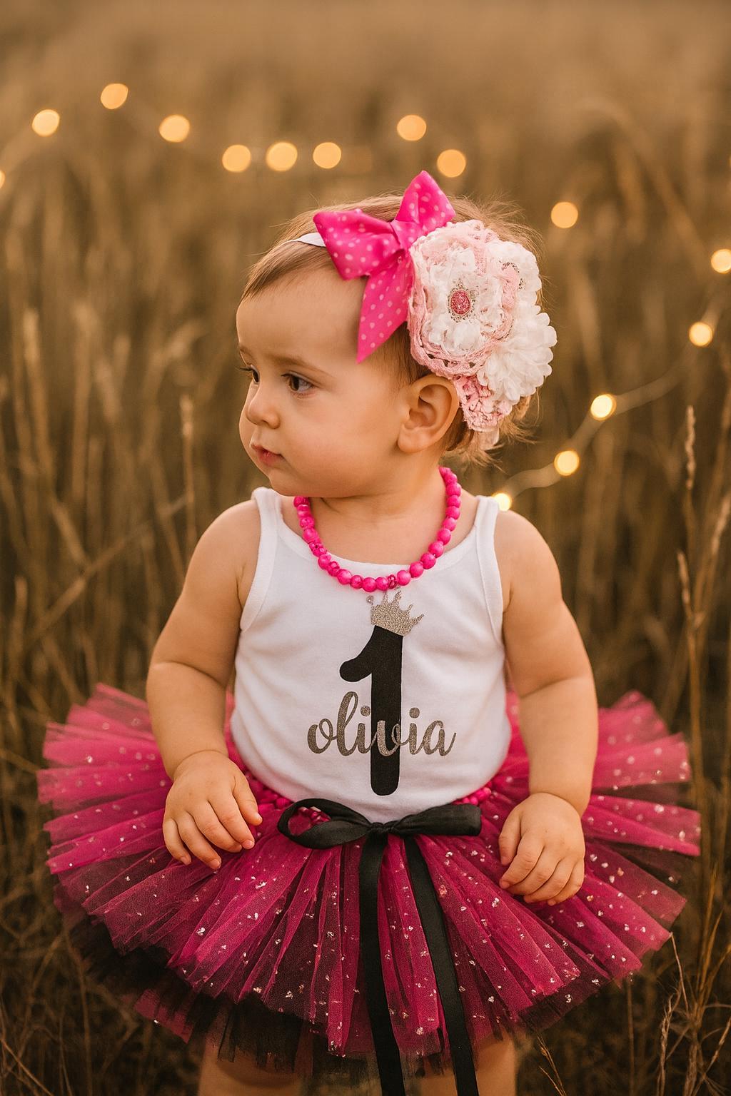 Personalised Girls 1st Birthday Black & Hot Pink Sparkle Tutu Outfit