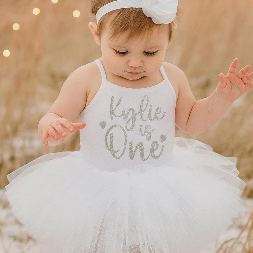 Baby Girl 1st Birthday Outfit Silver & White