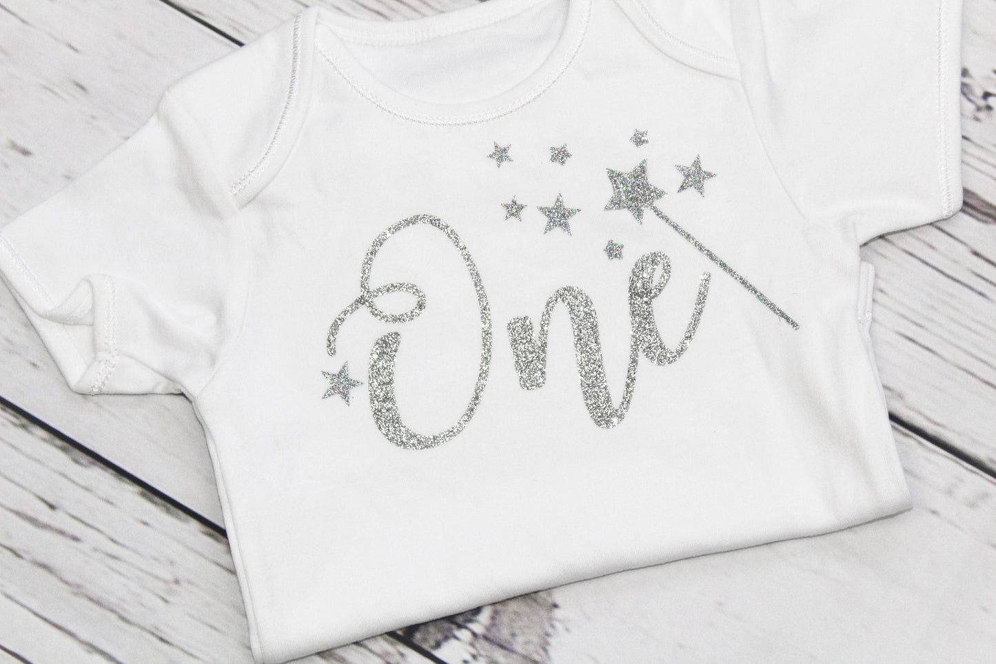 Girls 1st Birthday Fairy-Wand Bodysuit in Silver Sparkle