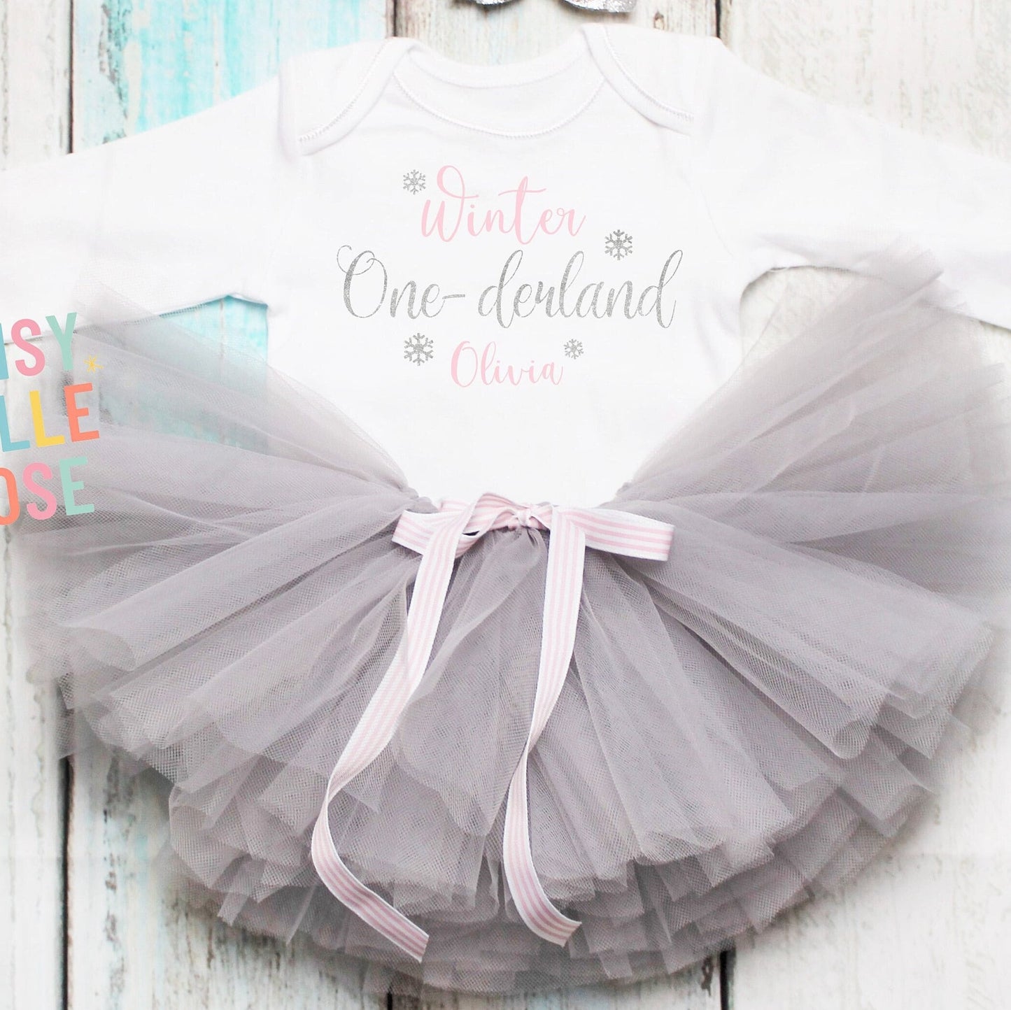 Pink Grey & Silver Winter Onederland Tutu Outfit