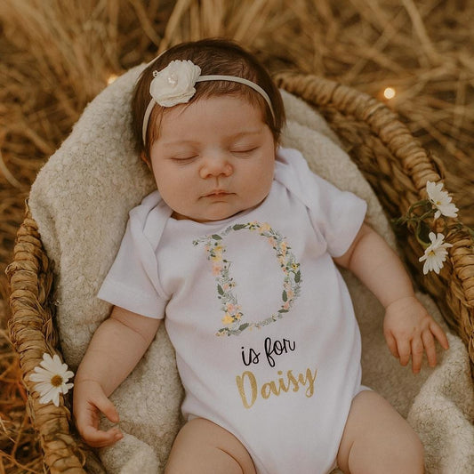 Personalised Floral Initial & Gold Name Print Bodysuit