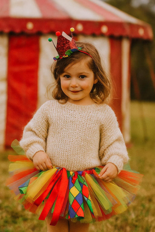 Girls Harlequin Clown Tutu Skirt with Crown Headband