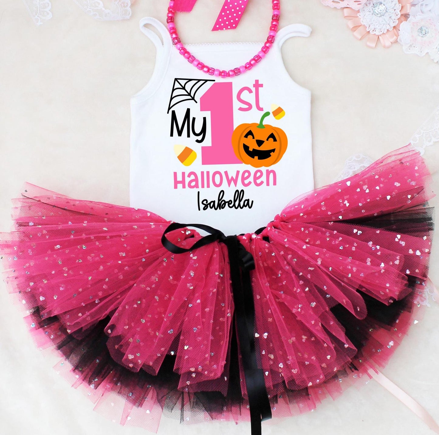 Baby Girl's First Halloween Tutu Outfit in Hot Pink & Black