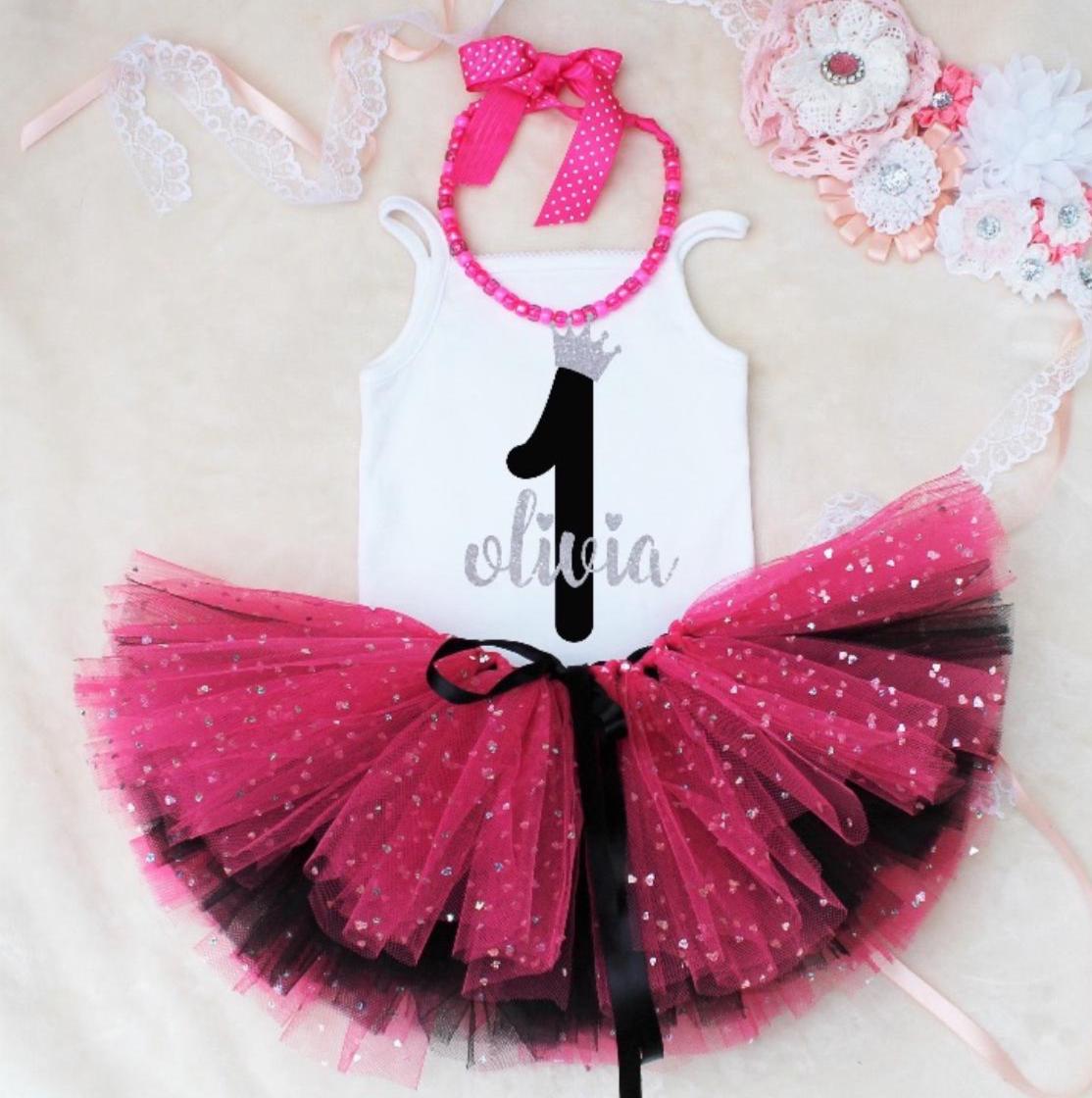 Personalised Girls 1st Birthday Black & Hot Pink Sparkle Tutu Outfit
