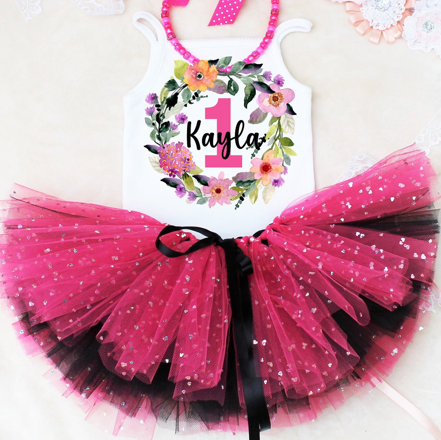 Hot Pink & Black Floral First Birthday Outfit