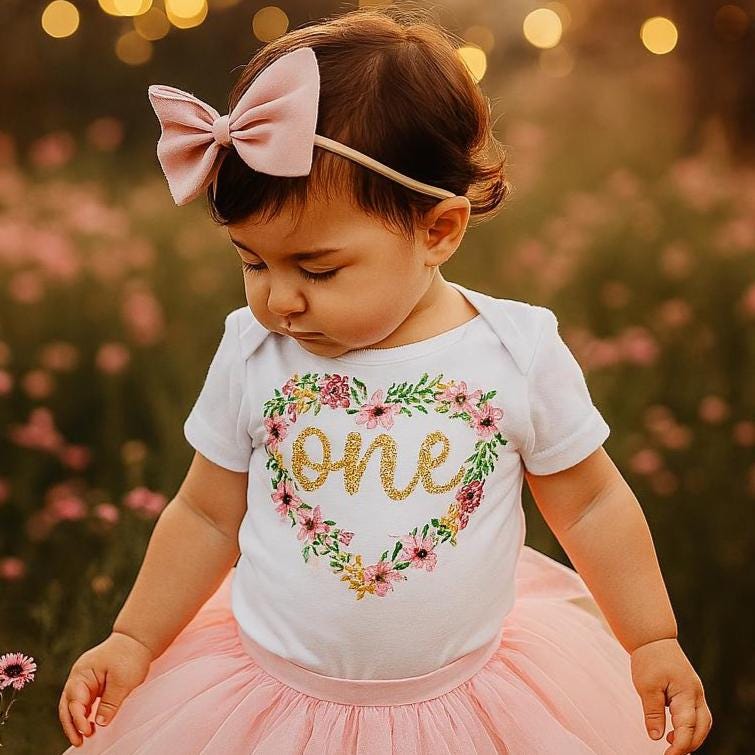 Floral Heart Girls 1st Birthday Bodysuit