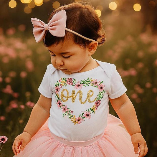 Floral Heart Girls 1st Birthday Bodysuit