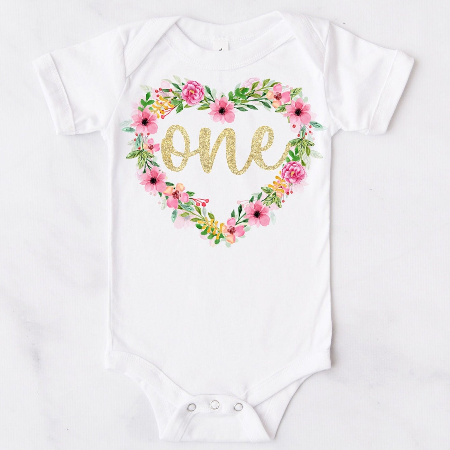 Floral Heart Girls 1st Birthday Bodysuit