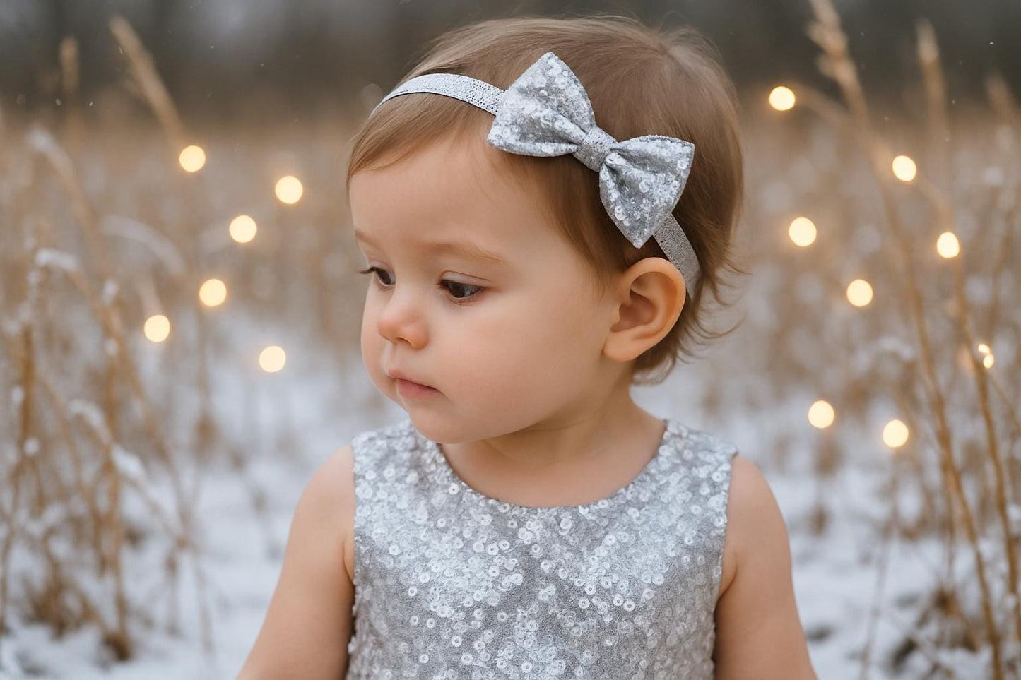 Girls Silver Sequin Bow Headband