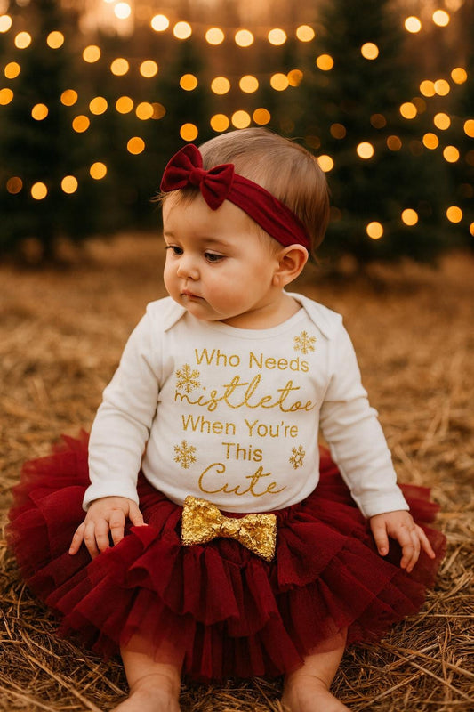 Baby Girls 1st Christmas Outfit Red and Gold Tutu Set