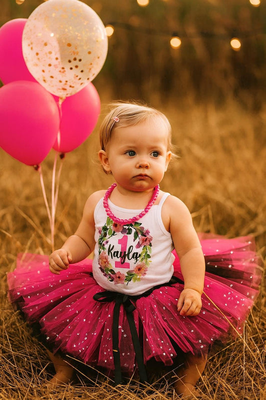 Hot Pink & Black Floral First Birthday Outfit