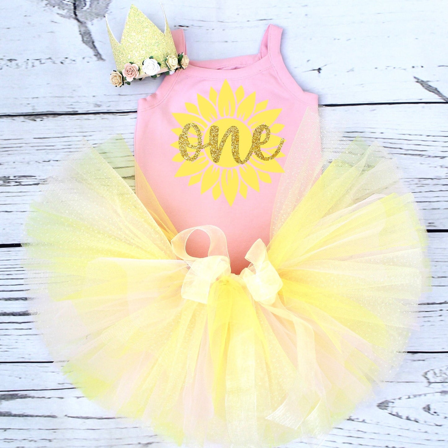 Sunflower 1st Birthday Outfit in Pink & Yellow