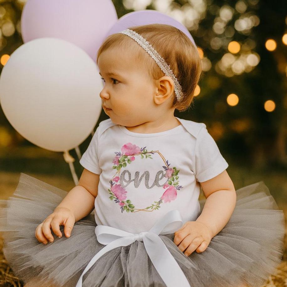 Floral ONE Bodysuit & Grey Tutu