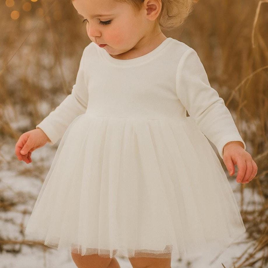Girls Long Sleeve White Tutu Dress