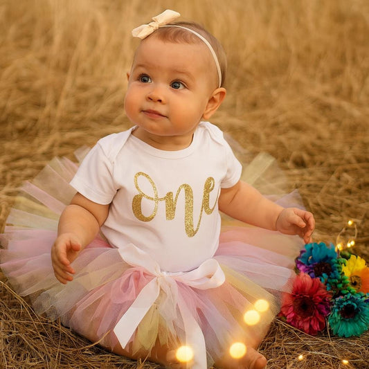 Girls First Birthday Outfit: Gold 'ONE' Bodysuit & Pastel Rainbow Tutu